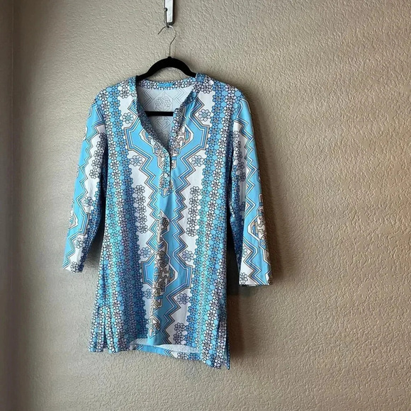 J. McLaughlin Long Tunic Blouse Blue Tan Small Geometric Floral - Picture 3 of 7